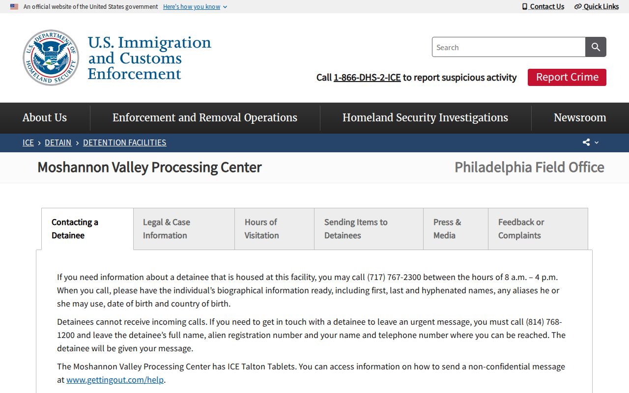 Official ICE Moshannon Valley Processing Center detainee release and contact page