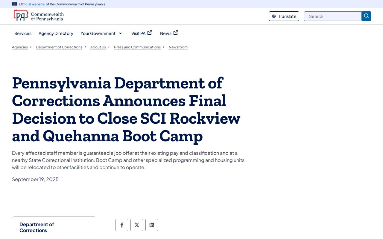 PADOC Quehanna closure record relevant to historic SCI Houtzdale release searches