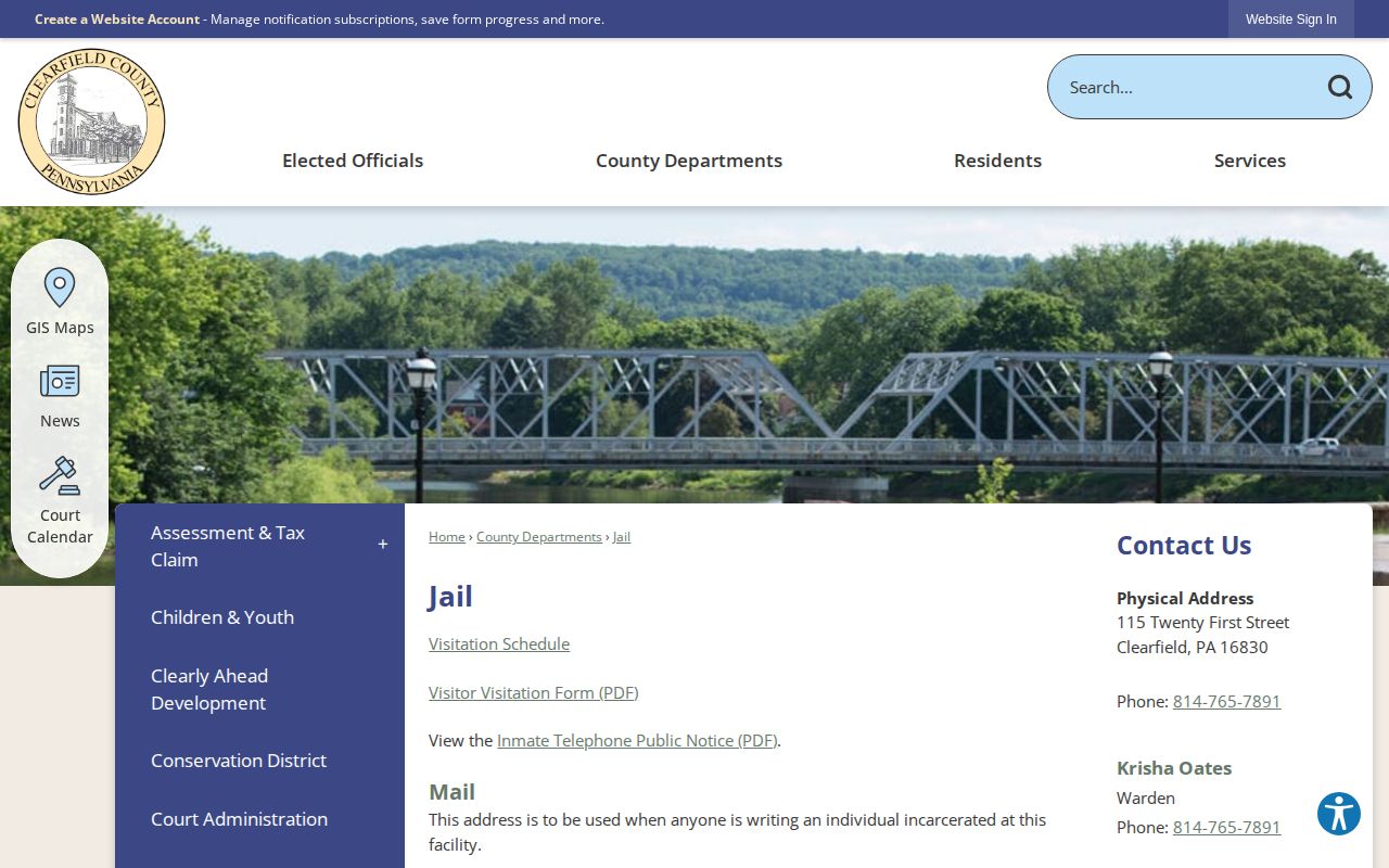 Official Clearfield County Jail webpage with facility information and no public release roster