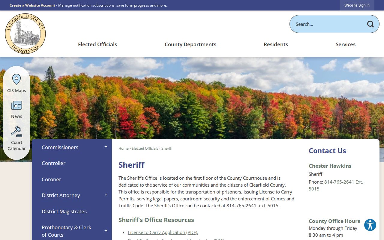 Clearfield County Sheriff page with no released inmate mugshot gallery or app