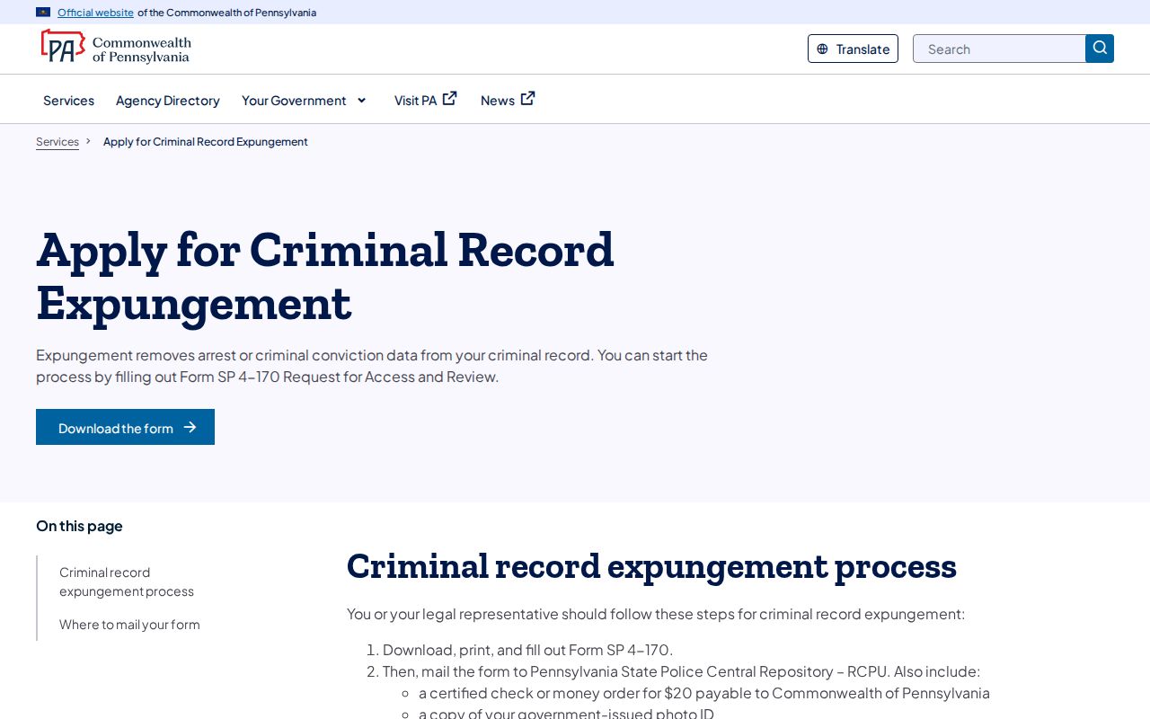 Pennsylvania expungement information for a Clearfield County booking photo record